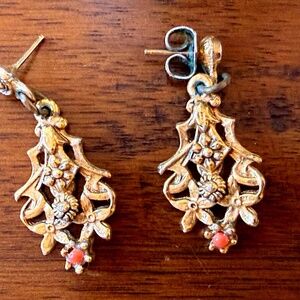 Vintage Drop Earrings with Coral Bead